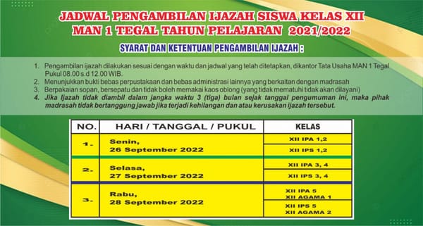 Jadwal Pengambilan Ijazah Siswa Kelas XII Tahun Pelajaran 2021/2022